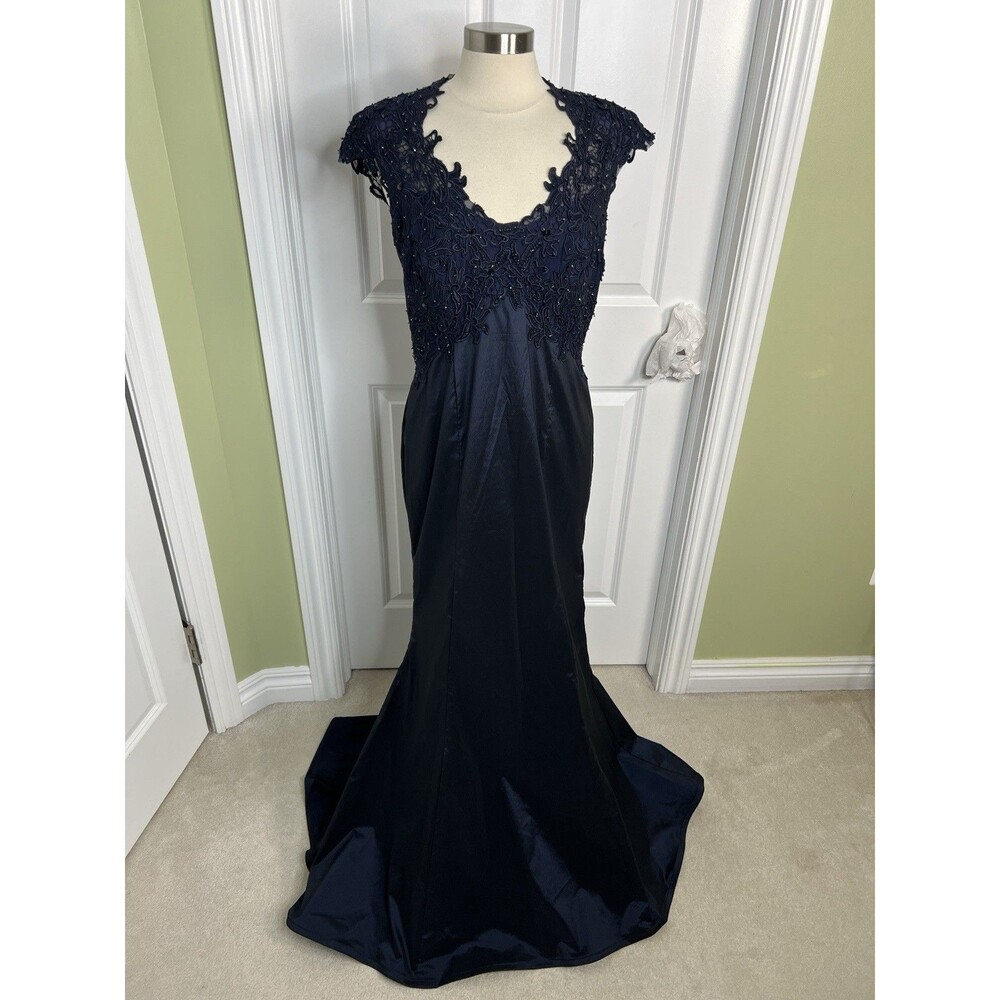 Tadashi Shoji Mesh Lace Beaded Mother Of The Bride Gown Dress Navy Blue 12 Read